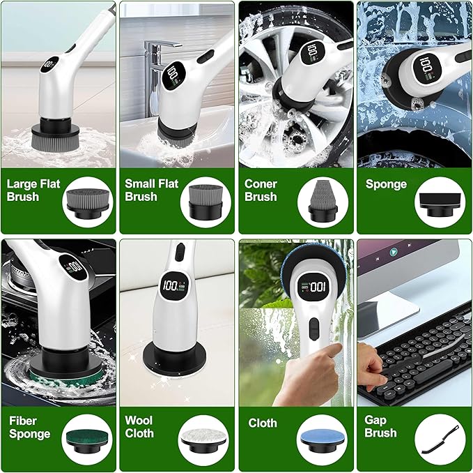 Electric Spin Scrubber Shower Scrubber with Long Handle Adjustable LCD Display 2 Speed Shower Cleaner 7 Replaceable Brush Heads Bathroom Cleaning Brush Bath Tub Power Scrubbers White G3