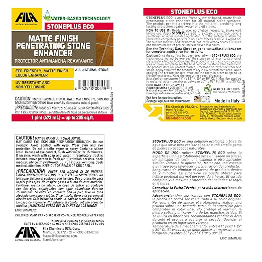 FILA Surface Care Solutions STONEPLUS ECO Stone Sealer Color Enhancer Water Based Paver Sealer Ideal for All Natural Stone: Travertine Granite Slate Outdoor Enhancing Sealer Matte Finish 1Pt