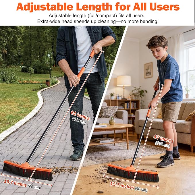 JEHONN Push Broom Outdoor Heavy Duty 15.7 inches V-Shaped Stiff Bristle Commercial Industrial Brush with 61” Long Handle for Garage Warehouse Shop Garden Patio Driveway Yard Street Deck (Orange)