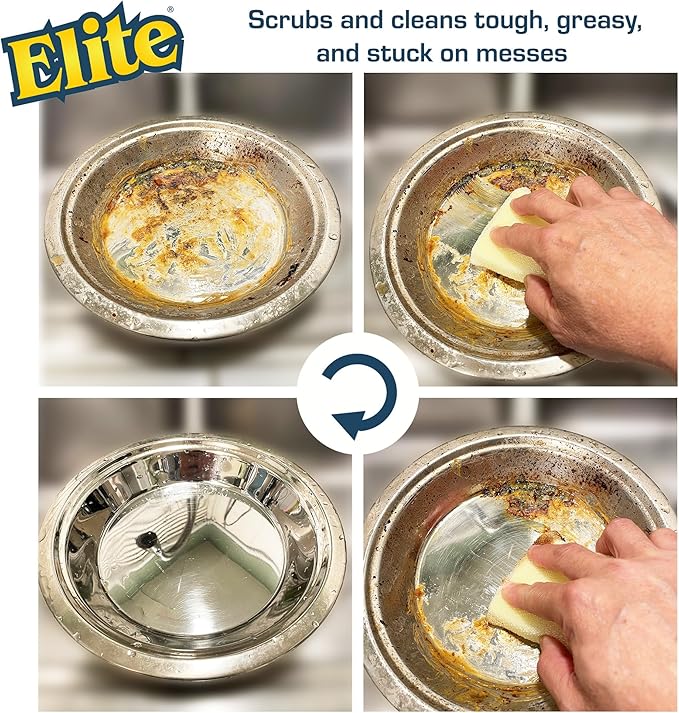 Elite All Purpose Cleaning Pad 24 Pads (Bulk) Non Scratch Dish Sponge Scrubber Sponges for Kitchen and Household Use Made in USA