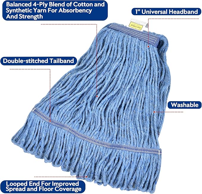 Matthew Cleaning Heavy Duty Mop Head Commercial Grade Replacement for General and Floor Cleaning Wet Industrial Blue Cotton Looped End String Head Refills (Case of 36) Blue