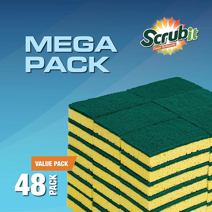 SCRUBIT 48 Pack Heavy Duty Scrub Sponges - Dishwashing Sponge Along with A Tough Scouring Pad - Dual Sided Dish Sponge Ideal for Cleaning Kitchen Dishes Bathroom - Yellow - Bulk sponges