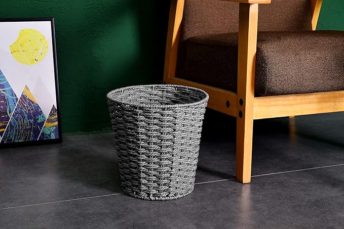 Zuvo Round Wicker Waste Basket Paper Bin - Wicker Trash Basket - Woven Trash Can Rubbish Basket for Bedroom Bathroom Offices or Home (Grey)