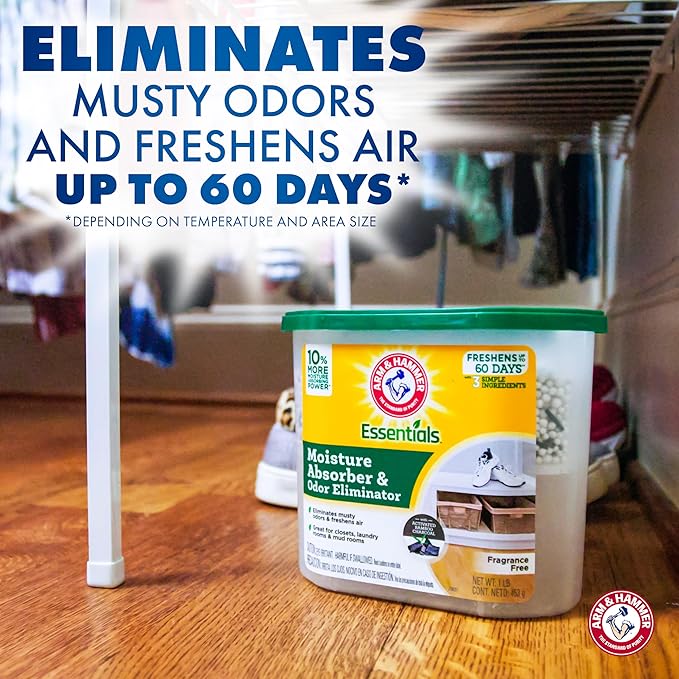 Arm &amp Hammer Essentials Disposable Moisture Absorber and Odor Eliminator Tub Fragrance Free 1 lb. Attracts and Traps Excess Moisture Ideal Closet Dehumidifier (Pack of 3)