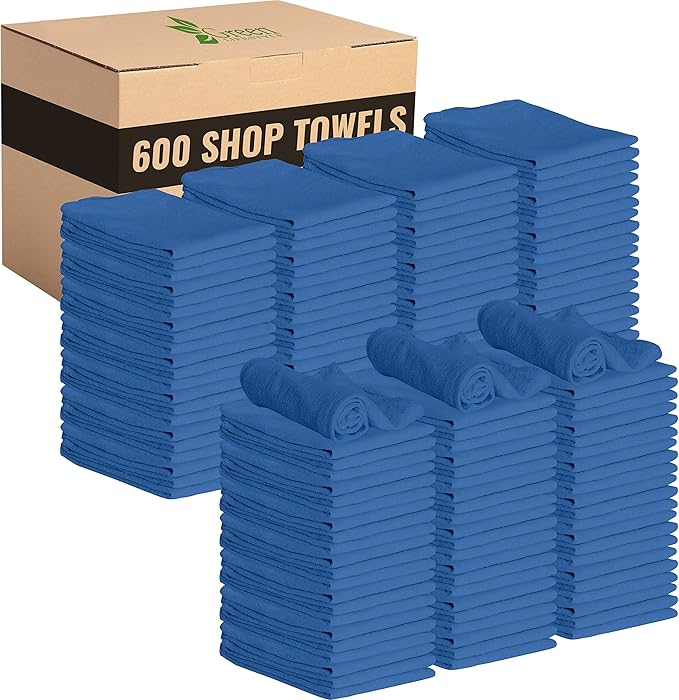 GREEN LIFESTYLE Blue Shop Towels 12x14 600 Pack 100% Cotton Super Absorbent &amp Durable Shop Rags Reusable Shop Rags Bulk Multipurpose Cleaning Towels for Automobiles Industries Garage and Hom