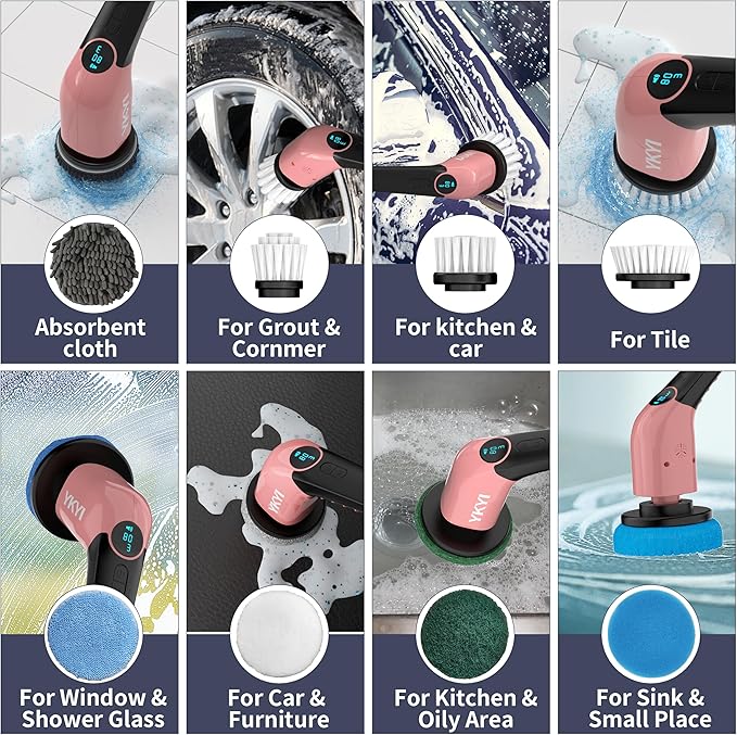 YKYI Electric Spin Scrubber-Cordless Power Scrubber with 8 Brush Heads 3 Speeds &amp Adjustable Long Handle IPX7 Waterproof Shower Cleaning Brush for Bathroom Tile Bathtub Grout Kitchen(Pink)