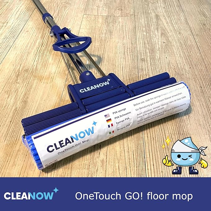 OneTouch GO! Floor Cleaner Wring Mop Cleaning Tool with Wringing Function - Sponge mop for Cleaning Floors- with PVA Sponge and Stainless Steel mop Handle