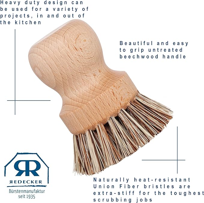 REDECKER Natural Fiber Bristle Pot Brush - Untreated Beechwood Handle - Heat-Resistant Union Fiber Head for Cleaning Pots Pans and More - 2-1/2 inch Diameter - Set of 2 - Boar Bristle Dish Brush