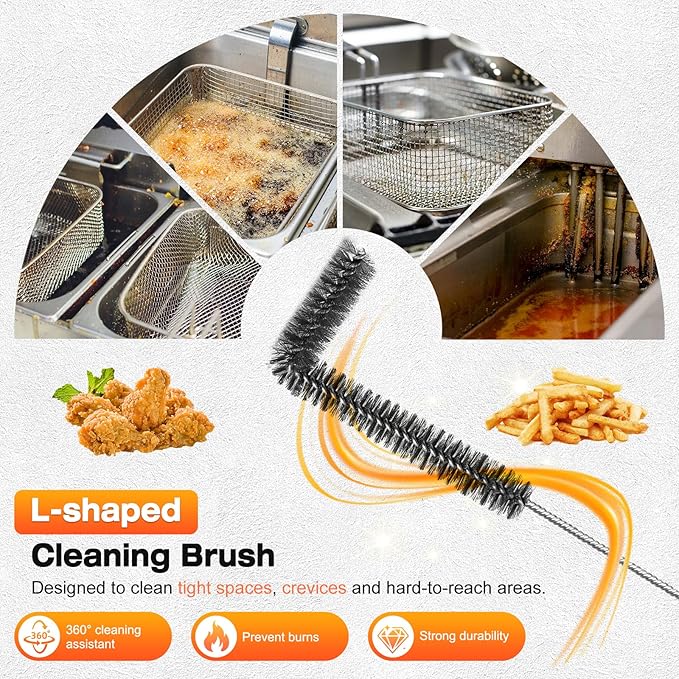Fryer Cleaning Tools Set of 3 Stainless Steel Deep Fryer Basket Brush Long Handle L-Shaped Crevice Cleaning Brush and Cleanout Rod Kit for Kitchen Restaurant Electric Fryer Degreasing Scrubber Tool