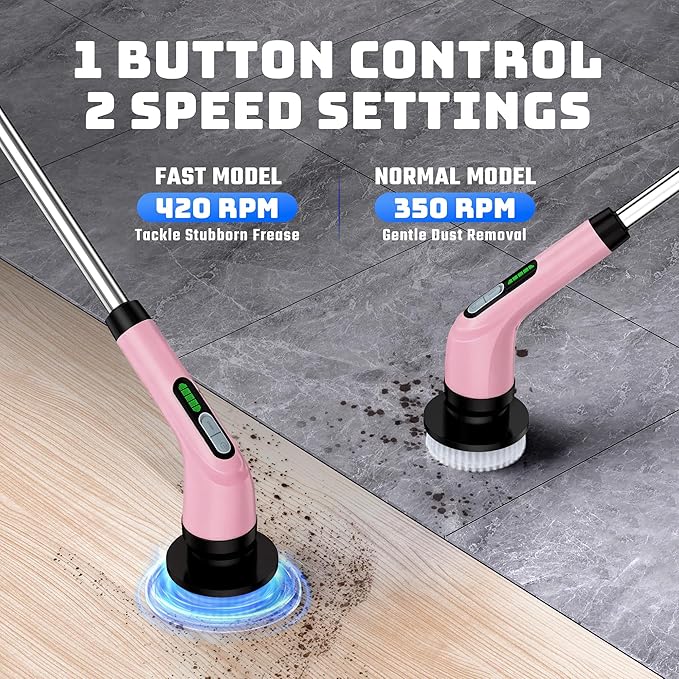 Electric Spin Scrubber - Cordless Bathroom Scrubber with 7 Brush Heads - Dual Speed IPX7 Waterproof Power Scrubber for Heavy-Duty Bathtub Glass Tile and Car Cleaning (Pink)