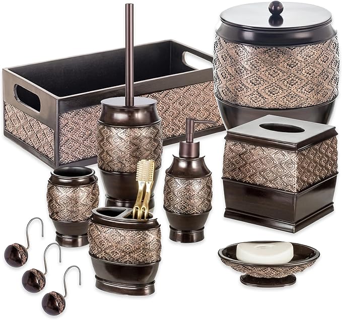 Creative Scents Dublin Brown Bathroom Accessories Set 6-Piece Resin Bathroom Decor Set Includes Toilet Bowl Brush and Holder Tissue Box Cover Soap Dispenser Soap Dish Cup &amp Toothbrush Holder