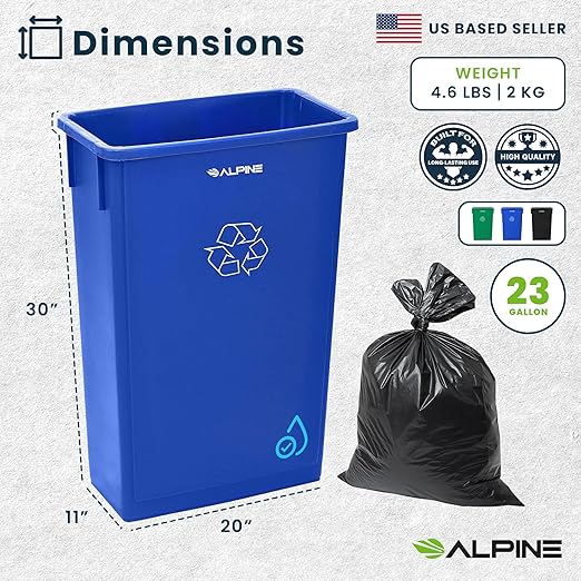 Alpine 23 Gallon Slim Recycling &amp Trash Bin Set – 3-Pack Blue/Black/Green Plastic Narrow Open-Top Garbage Cans for Office Home School &amp Commercial Use