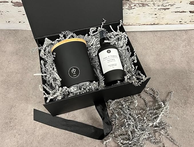 ROSBAS Gift Set Cinnamon Vanilla Scented Candle and Room Spray 7 oz Soy Wax Candle with Wooden Lid and 4 oz Spray Bottle Black Cotton Wick Air Freshener Gift Packaged Handmade in USA