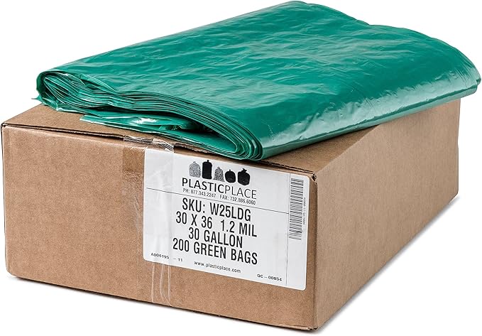 Plasticplace 20-30 Gallon Trash Bags │ 1.2 Mil │ Green Garbage Can Liners │ 30’” x 36” (200 Count) W25LDG