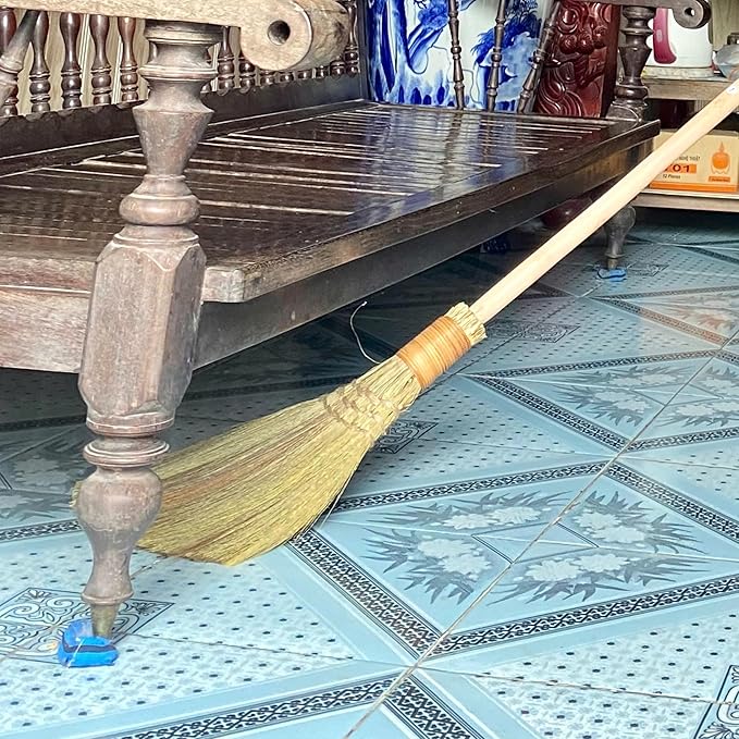 Vietnamese Natural Whisk Broom - Straw Soft Broom - Long Handle Broomstick for Cleaning Decoration Wedding with 45.28 inch Length