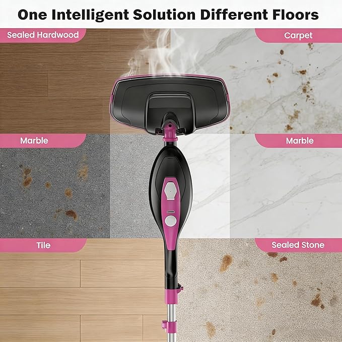 Simple Deluxe 10-in-1 Steam Mop 1550W Detachable Handheld Steam Cleaner with 16FT Cord &amp 2 Pads Multi-Surface Floor Steamer for Hardwood Tile Carpet Windows Pink