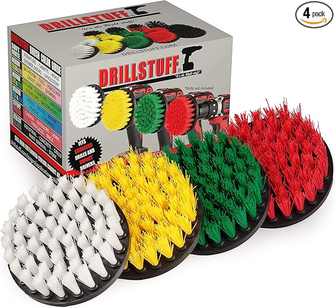 Drill Brush Attachment Power Scrubber Brush Set - 4in 4 Piece Soft Medium and Stiff Power Scrubbing Brushes Drill Attachment – Spin Brushes for Cleaning Showers Tubs Bathroom Tile Grout Carpet