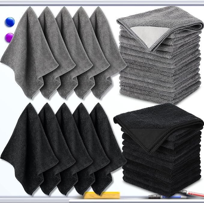 Tudomro 30 Pcs Magnetic Microfiber Cleaning Cloth Dry Erasers Bulk for Most Whiteboards Dry Erase Cloth Cleaner Reusable Home Office 10'' x 10''(Black Gray)