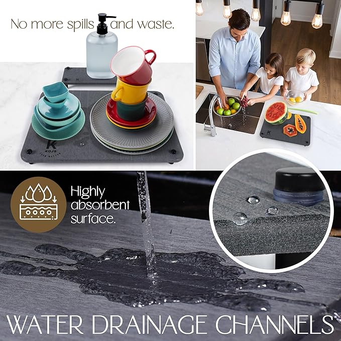 Stone dish drying mat for Kitchen counter diatomite stone dish anti- slip feet quick drying Odorless Heat Resistant eco-friendly mat 15.7 “x 11.8 “ and mini mat (Pure white 15.7 “ x 11.8 “)