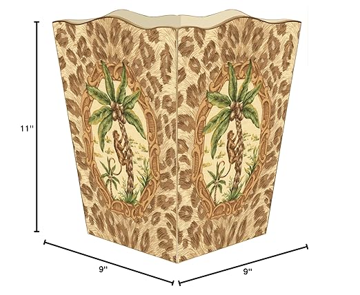 Marye-Kelley Monkey and Palm Tree with Leopard Print Wastebasket Decoupage Wood Scalloped Top Decorative Wastebasket for Kitchen Bathroom Bedroom Living Room Handmade Made in The USA