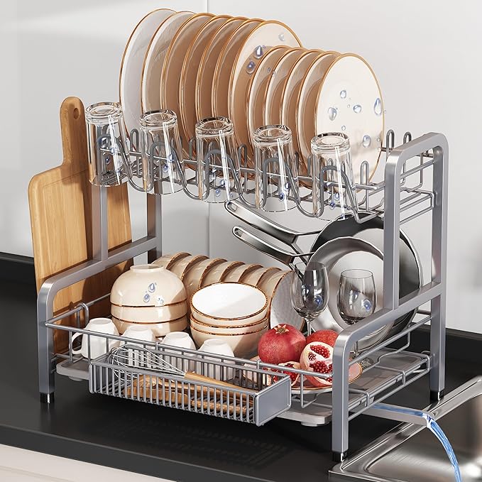 2 Tier Dish Drainers Drying Rack for Kitchen Counter Large Stainless Steel Dishes Drain with Drainboard Space Saving Big Modern Silver Countertop Metal Plates Dryer Strainer Holder and Extra Tray