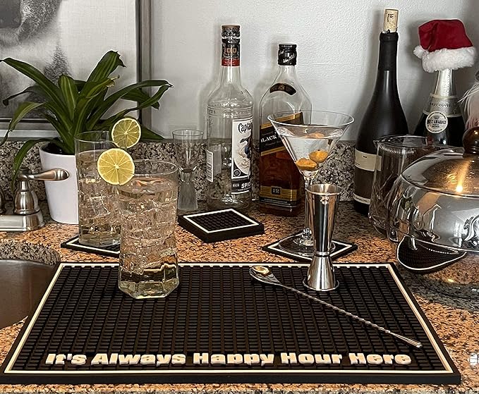 Highball &amp Chaser Premium Custom Bar Mat 18in x 12in 1cm Thick Durable and Stylish Service Bar Mat for Spills Coffee Bars Restaurants Counter Top Dish Drying Mat (Happy Hour)