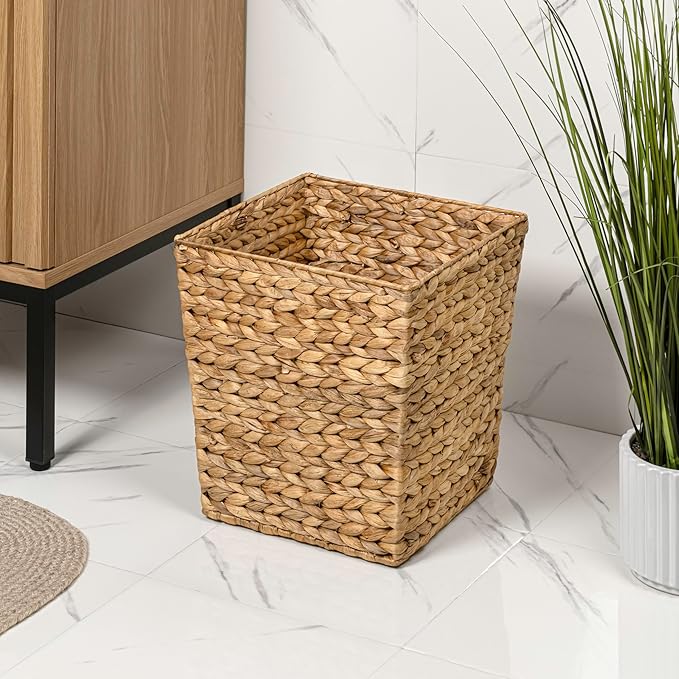 happimess HPM1402A-SET2 Theo Coastal Farmhouse Handwoven Water Hyacinth 4.8-Gallon Tapered Square Wicker Watebasket Natural (Set of 2)