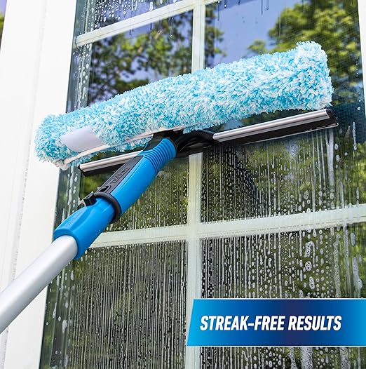 Unger Professional 2-in-1 Squeegee and Scrubber 14” Window Cleaning Tool and 8’ Connect &amp Clean Pole Essential Glass Supplies for Commercial and Residential Use Microfiber Sleeve