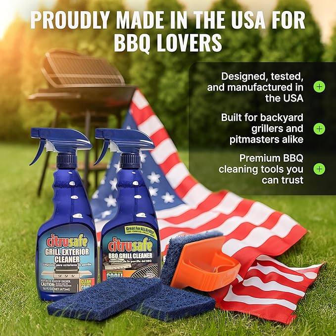 Citrusafe Grill Cleaning Kit - BBQ Cleaner Spray Exterior Cleaner 3 CT Grill &amp Griddle Scrubbers 3in1 Nylon Brush Cookbox Scrubber