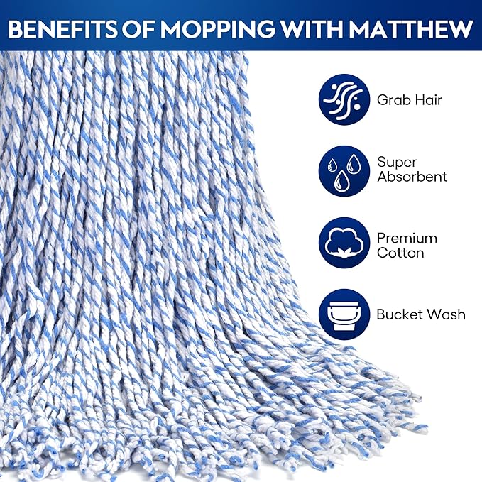 Matthew Cleaning Looped-Open Cotton Wet Mop 1.25'' Universal Headband Heavy Duty Commercial Mop Head Replacement for Indoor&ampOutdoor UseGrease Stain Floor Cleaning String Mop Head Refills Pack of