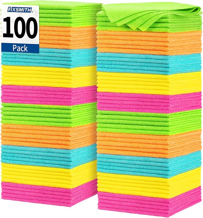 FIXSMITH Microfiber Cleaning Cloth 100 Pack Shop Towels Micro Fiber Cloth for Cleaning Car All-Purpose Absorbent Cleaning Rags for Housekeeping Dust Cloth for Office Car Wash Towels 12inx12in