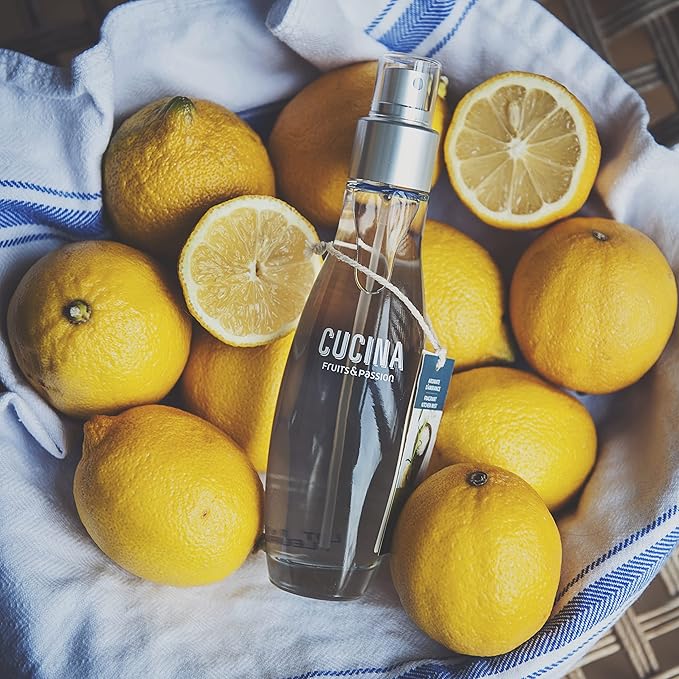 Fruits &amp Passion Cucina Fragrant Kitchen Mist – Sea Salt &amp Amalfi Lemon Home &amp Kitchen Air Freshener Spray in Decorative Glass Bottle Clean Citrus &amp Mineral Scent 3.3 fl oz (100 ml)