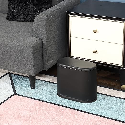 12L Black Slim Bathroom Trash Can with Press Top Lid3.17 Gallon Pet/Dog Proof Kitchen Trash CanThin Garbage CanCovered WastebasketNarrow Small Plastic Trashcan for Craft RoomBedroomOfficeDorm