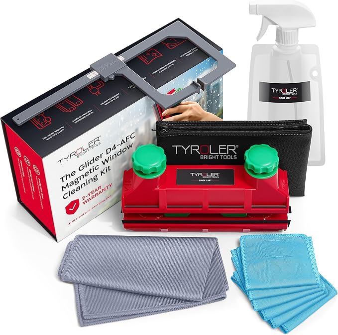 Tyroler Magnetic Window Cleaner Tool | The Glider D4 Window Cleaning Tool Fits Windows 0.1-1.6 Thick | All-in-One Window Cleaning Kit | Magnetic Glass Cleaner Tool | Magnet Window Cleaner Tool