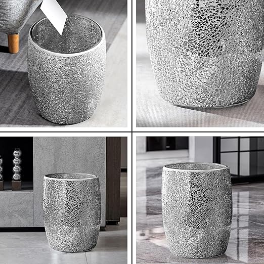 Escenzy Modern Bathroom Trash Can Silver Mosaic Glass 5L | 7 x 10 | Luxury Waste Basket for Restroom Bedroom Office &amp Kitchen | Decorative Small Garbage Can | Silver Glitter Bathroom Accessori