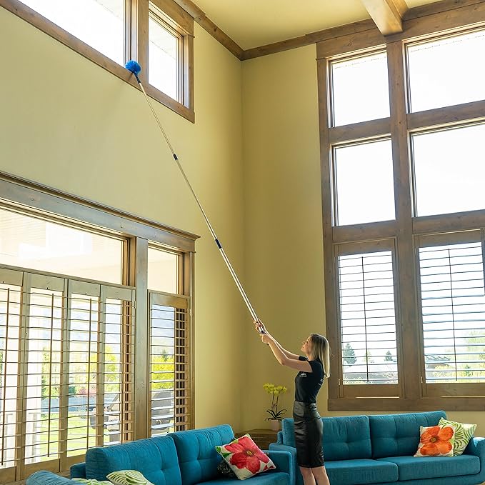 Cobweb Duster Extendable Reach 20 feet Ceiling Fan Duster | 3-Stage Aluminum Telescoping Pole | Medium Stiff Bristles | Long Handle Webster Duster for Cleaning | U.S Duster Co.