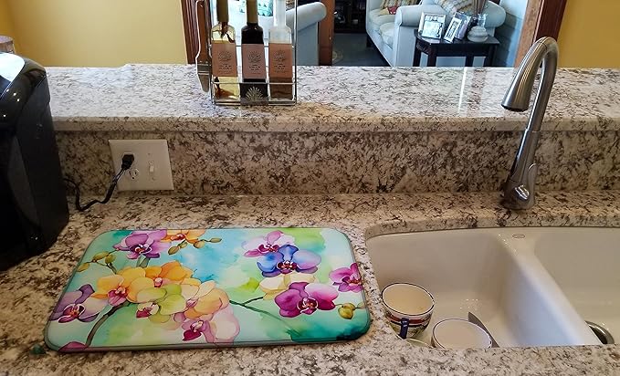 Caroline's Treasures DAC1598DDM Orchids in Watercolor Dish Drying Mat Absorbent Dish Drying Mat Pad for Kitchen Counter Dish Drainer Mat for Countertop 14 x 21 Multicolor