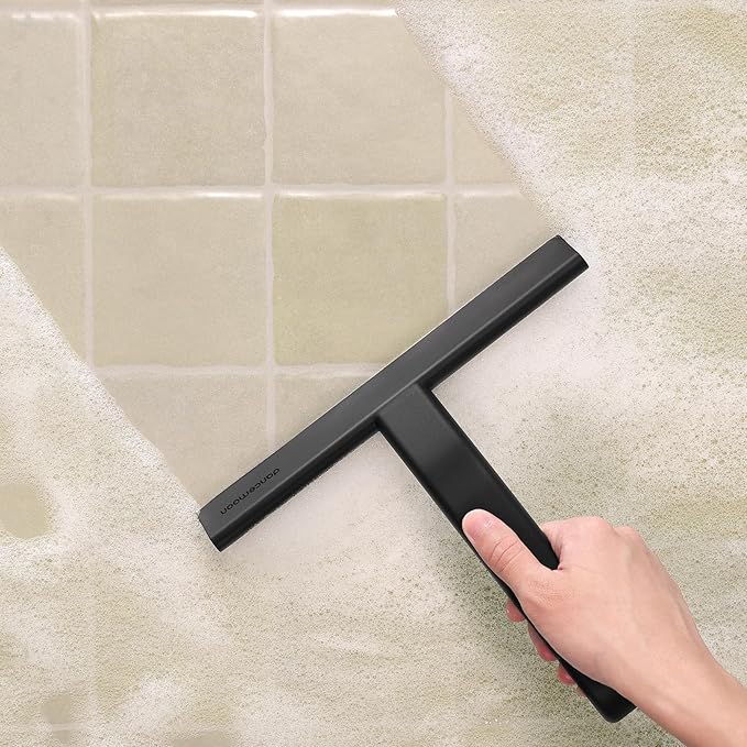 dancemoon JustHang Shower Squeegee for Glass Doors All-in-One Piece Silicone Squeegee with Built-in Hook for Bathroom Window Mirror Tile Wall Car Streak-Free Bathroom Cleaner Tool10 Inch Black