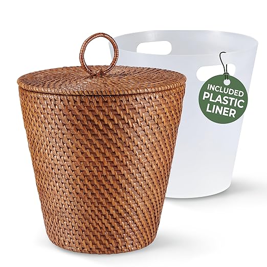 3 Gallon Rattan Trash Can with Lid and Liner - Wicker Trash Can for Bathroom Bedroom Kitchen Living Room