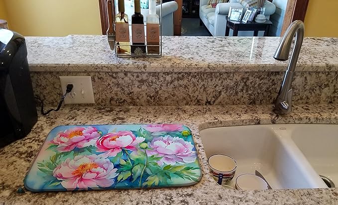 Caroline's Treasures DAC1595DDM Peonies in Watercolor Dish Drying Mat Absorbent Dish Drying Mat Pad for Kitchen Counter Dish Drainer Mat for Countertop 14 x 21 Multicolor