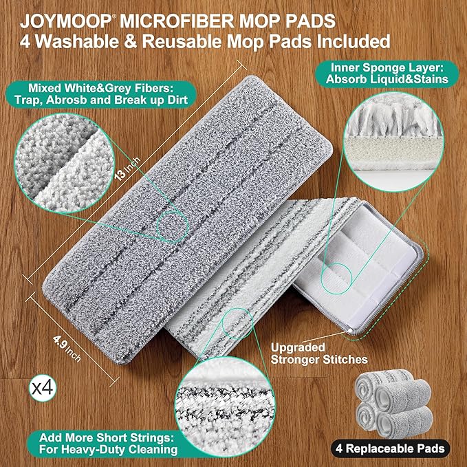 JOYMOOP Mop and Bucket with Wringer Set Flat Squeeze Mop Flat Head Dust Mops for Wall Cleaner with Long Handle Hands-Free Microfiber Mops for Floor Cleaning - White