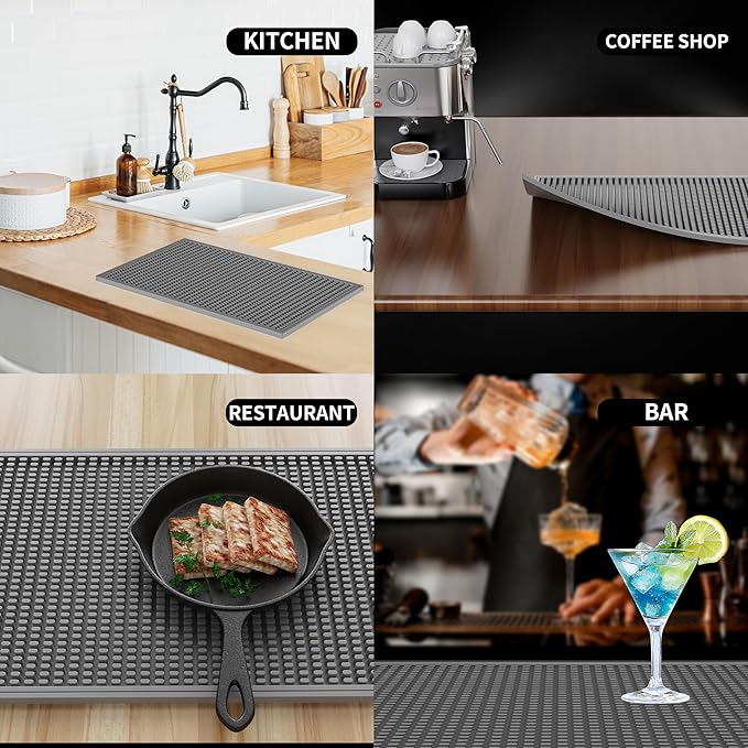 WAFT YEARN 18inX12in Bar Mat Dish Drying Mat Cocktail Service Spill Mats Bartending Countertop Kitchen Coffee Bar Silicone Non Slip Durable Flexible Absorbent Spill Resistant Rubber Heavy Duty Grey