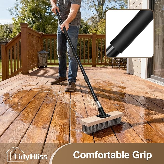 Stainless Steel Wire Scrub Brush with Long Handle Heavy Duty Stiff Metal Broom Scrubber Outdoor Moss Removal for Concrete Floor Deck Garden Patio Roof Brick Garage Swimming Pool