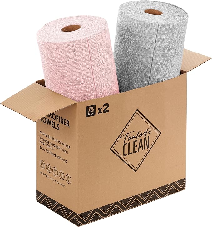 Fantasticlean Microfiber Cleaning Cloth Roll -150 Pack Tear Away Microfiber Towels 12 x 12 Reusable Washable Ultra Absorbent Dishcloth for All-Around Cleaning Supplies (Pink &amp Grey)