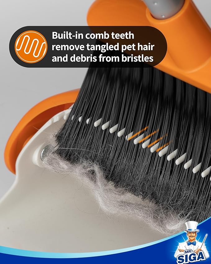 MR.SIGA Broom and Dustpan Set with Long Handle Stand Upright Broom with Dustpan Combo for Cleaning Office Garage Lobby Lightweight Sweeping Set 51.7(131 cm) Long Handle White &amp Orange