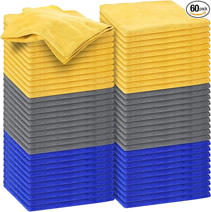 Nuenen Microfiber Cleaning Cloths for Cars 16 x 16 Inch Ultra Absorbent Car Towels Drying Reusable Cleaning Supplies House Kitchen Window Microfiber Towel(Blue Gray Yellow60 Pcs)