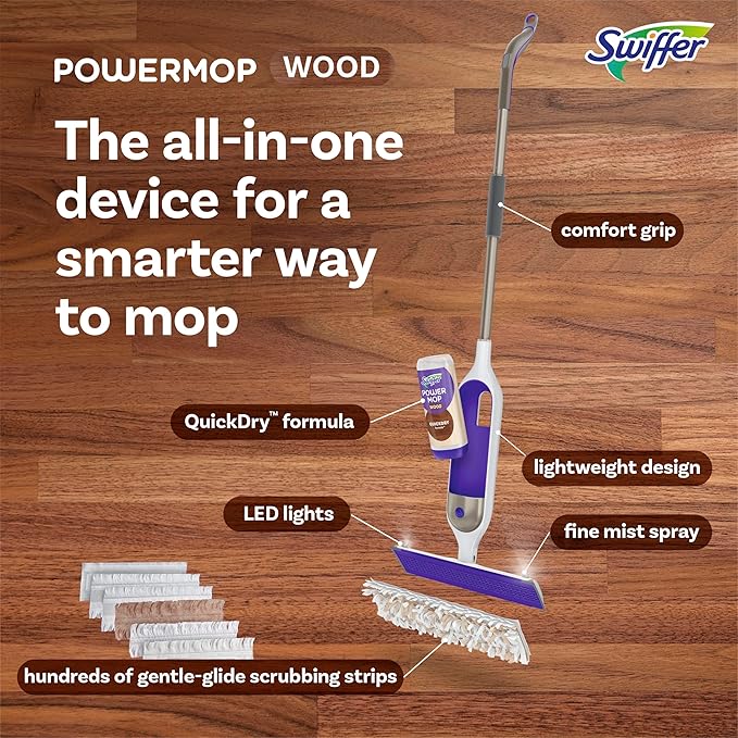 Swiffer Power Mop Wood Hardwood Floor Cleaner for Mopping Home Bathroom Kitchen All Purpose Multi-Surface Cleaning Set includes PowerMop Wood 2 Pads 1 QuickDry Lemon Solution &amp 2 Batteries