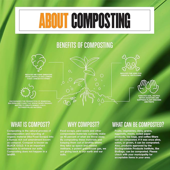 BioBag (USA) The Original Compostable Bag 8 Gallon 500 Count 100% Certified Compostable Trash Bag Liners for Food Waste Extra Strong and Durable