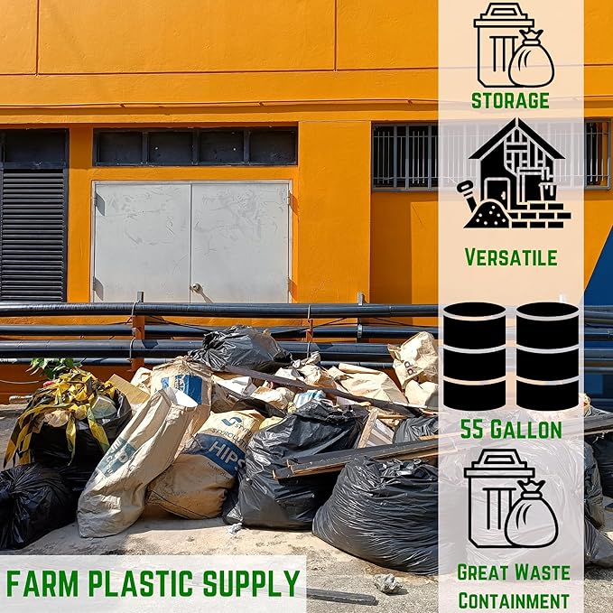 Farm Plastic Supply - 55 Gallon Trash Bags 6 Mil - Contractor Trash Bags Black Trash bags Heavy Duty Garbage Bags 55 Gallon Heavy Duty (50 Pack)