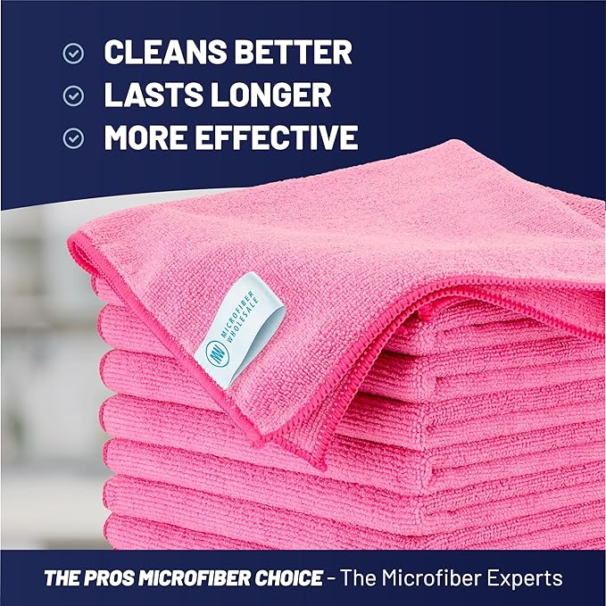 MW Pro Microfiber Cleaning Cloth | Pink | 12 Pack | 16” x 16” | All Purpose Microfiber Towels - Clean Dust Polish Scrub Absorbent